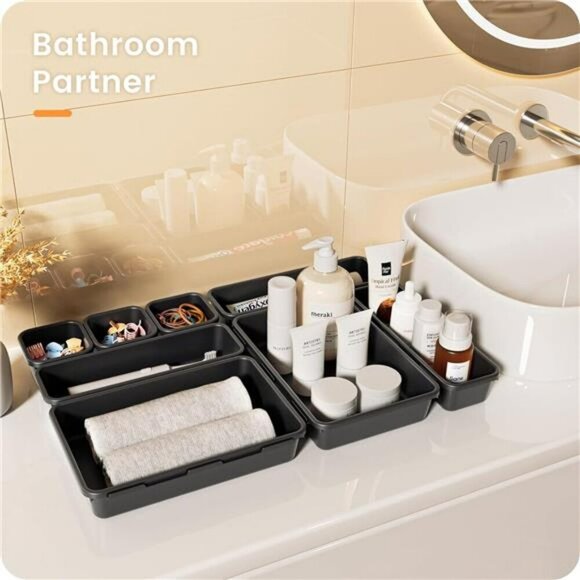 22 Piece Black Plastic Drawer Organizer Set for Makeup Office Bathroom Storage - Picture 2 of 8